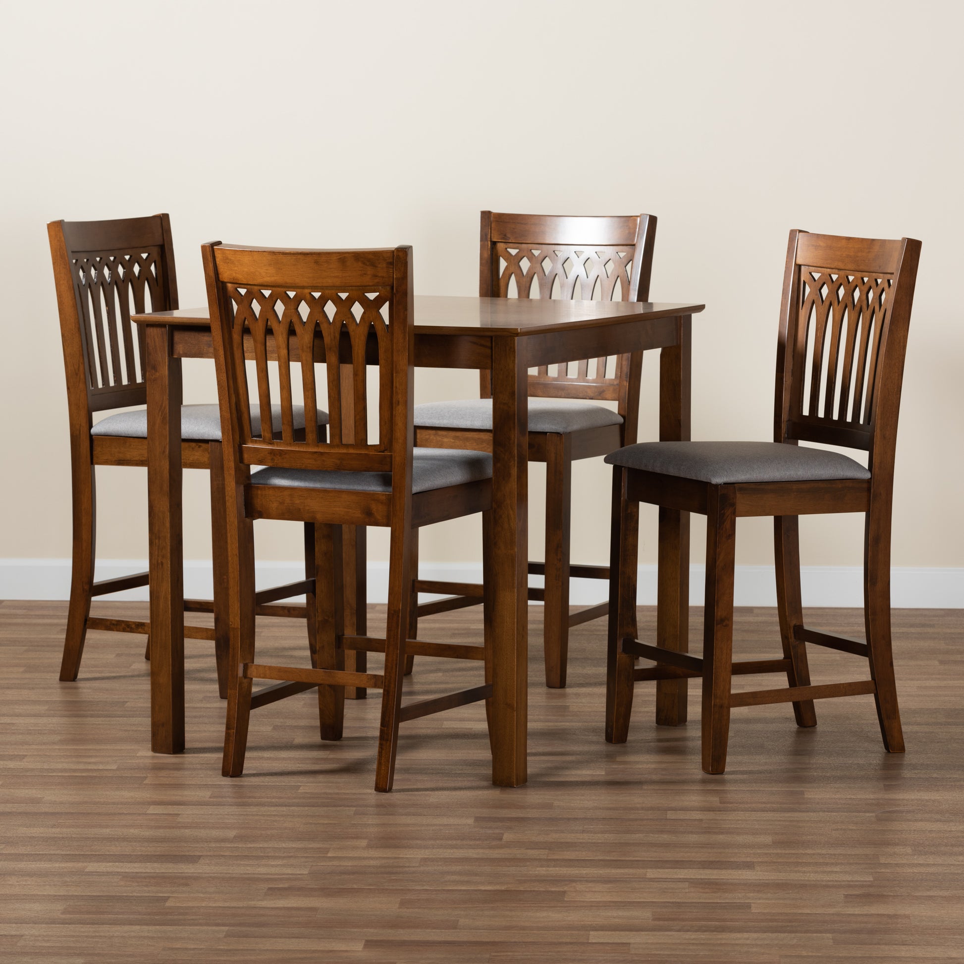Baxton Studio Genesis Modern Grey Fabric and Walnut Brown Finished Wood 5-Piece Pub Set | Bar Stools & Table | Modishstore - 2