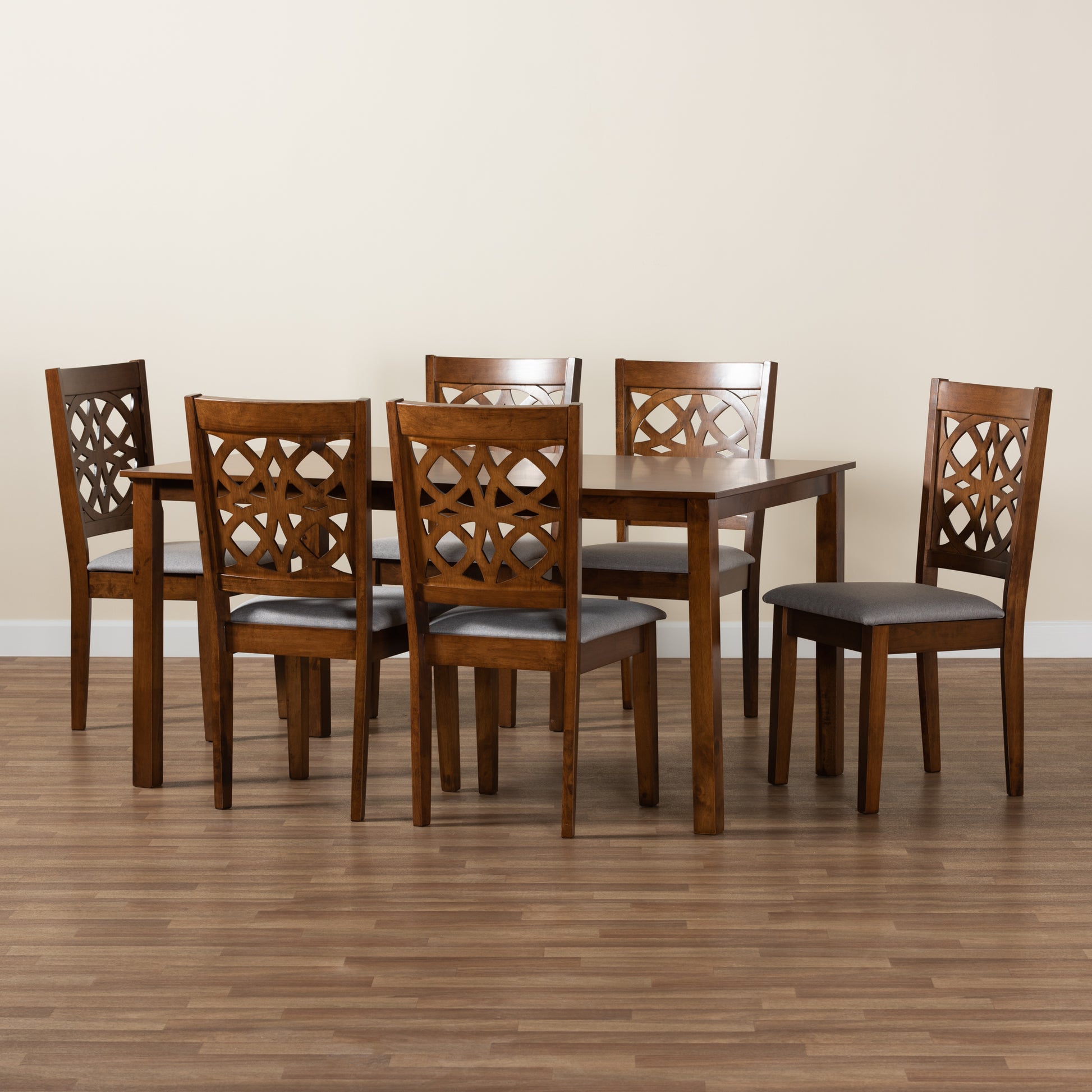 Baxton Studio Abigail Modern Grey Fabric and Walnut Brown Finished Wood 7-Piece Dining Set | Dining Sets | Modishstore - 2