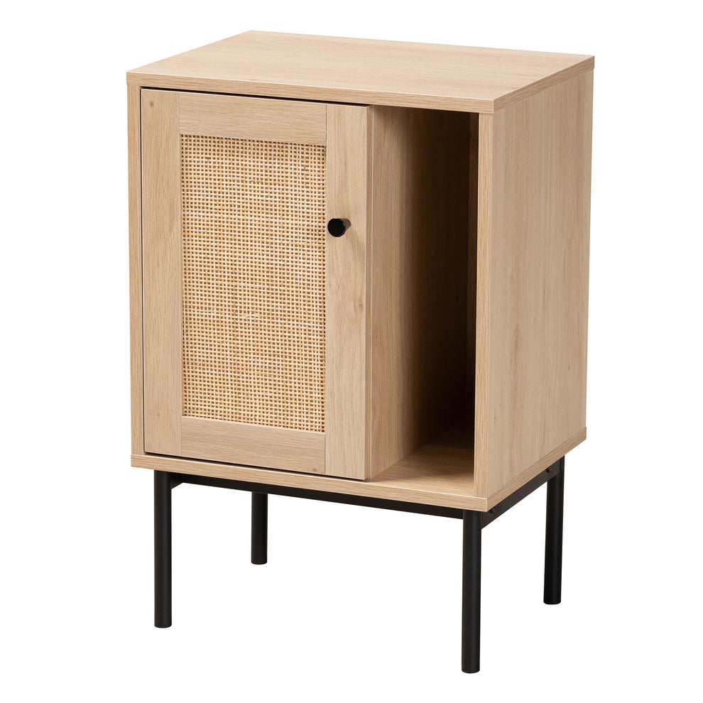 Baxton Studio Sherwin Mid-Century Modern Light Brown and Black 1-Door Cabinet with Woven Rattan Accent | Cabinets | Modishstore - 2