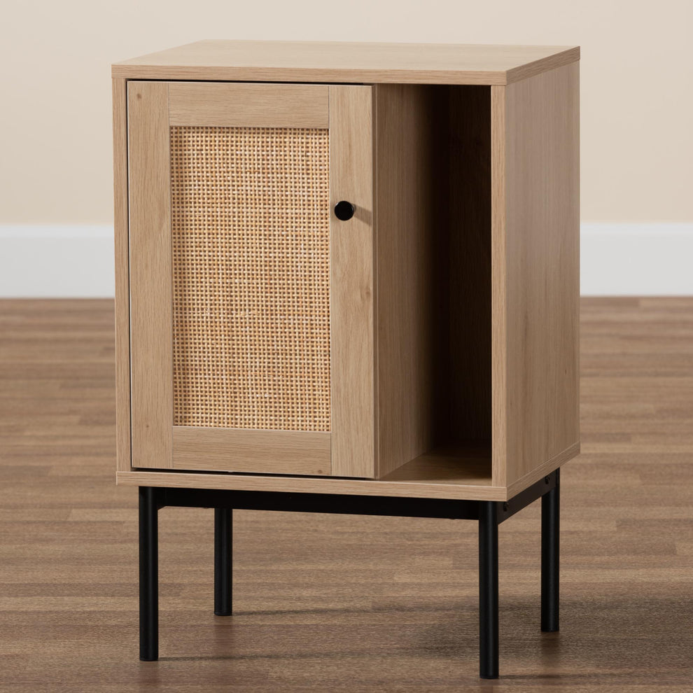 Baxton Studio Sherwin Mid-Century Modern Light Brown and Black 1-Door Cabinet with Woven Rattan Accent | Cabinets | Modishstore - 9