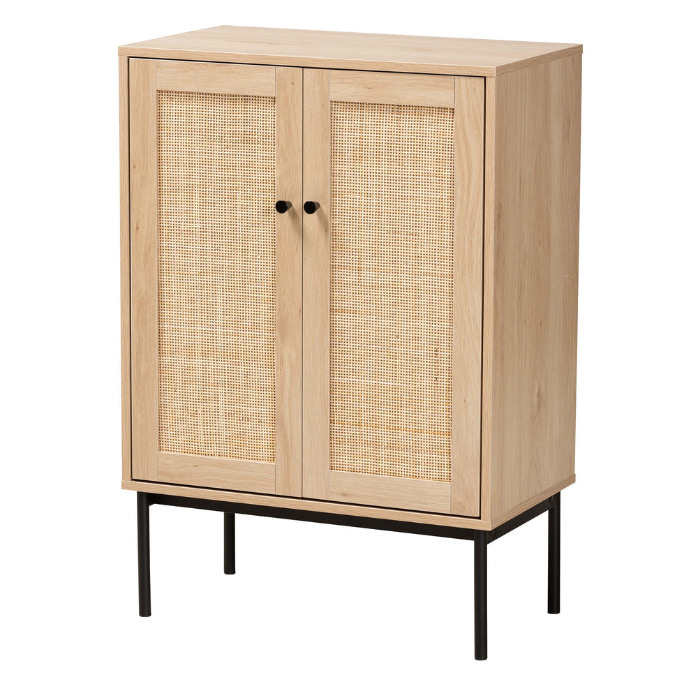 Baxton Studio Sherwin Mid-Century Modern Light Brown and Black 2-Door Storage Cabinet with Woven Rattan Accent | Cabinets | Modishstore - 2