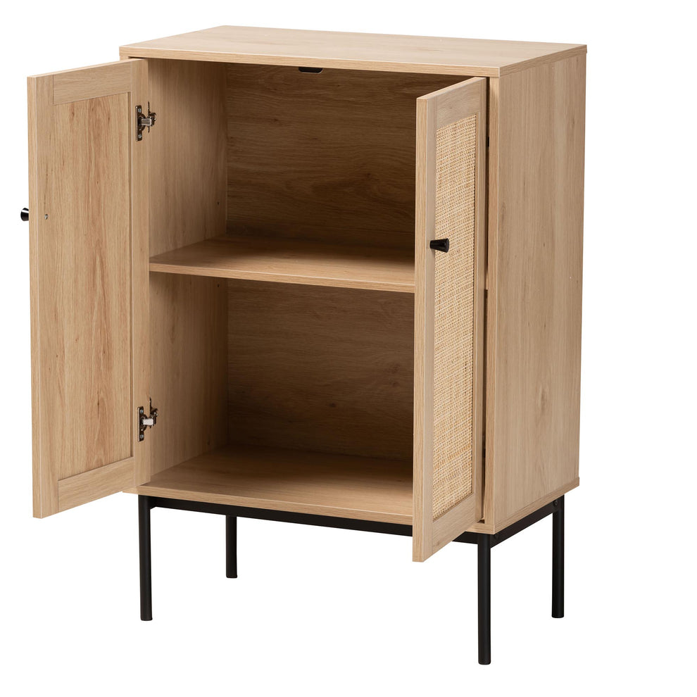 Baxton Studio Sherwin Mid-Century Modern Light Brown and Black 2-Door Storage Cabinet with Woven Rattan Accent | Cabinets | Modishstore - 3