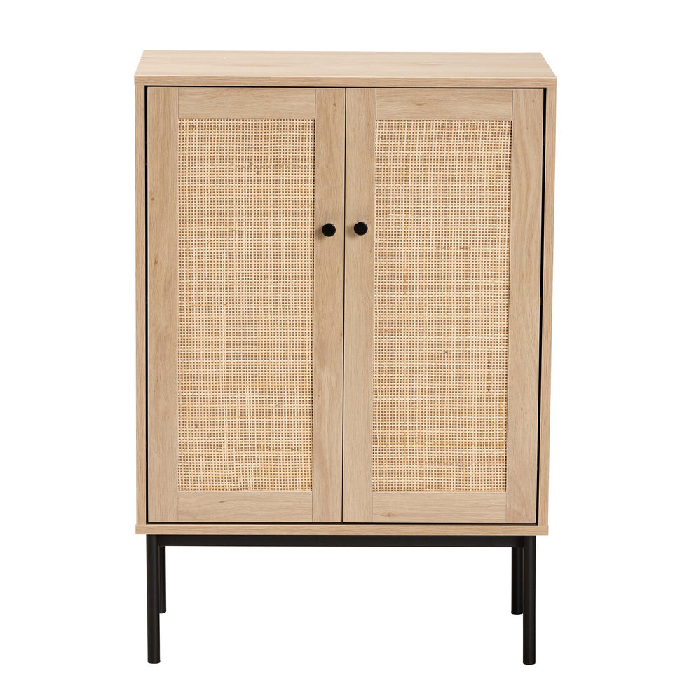 Baxton Studio Sherwin Mid-Century Modern Light Brown and Black 2-Door Storage Cabinet with Woven Rattan Accent | Cabinets | Modishstore - 4