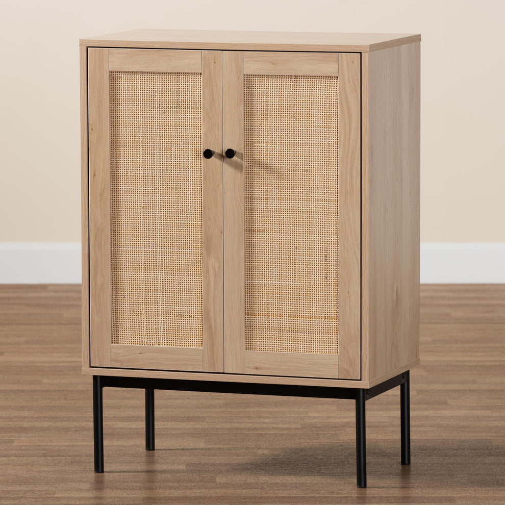 Baxton Studio Sherwin Mid-Century Modern Light Brown and Black 2-Door Storage Cabinet with Woven Rattan Accent | Cabinets | Modishstore - 9