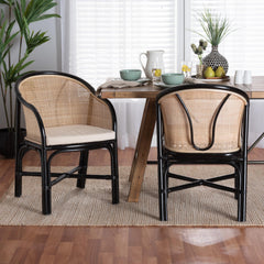 Baxton Studio bali & pari Miranda Modern Bohemian Two-Tone Black and Natural Brown Rattan 2-Piece Dining Chair Set