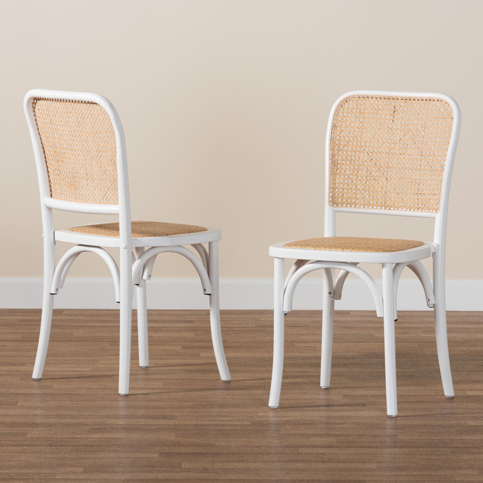 Baxton Studio Neah Japandi White Wood and Natural Rattan 2-Piece Dining Chair Set | Dining Chairs | Modishstore - 2