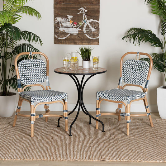 Baxton Studio bali & pari Luciana Modern French Blue and White Weaving Natural Rattan Bistro Chair | Dining Chairs | Modishstore
