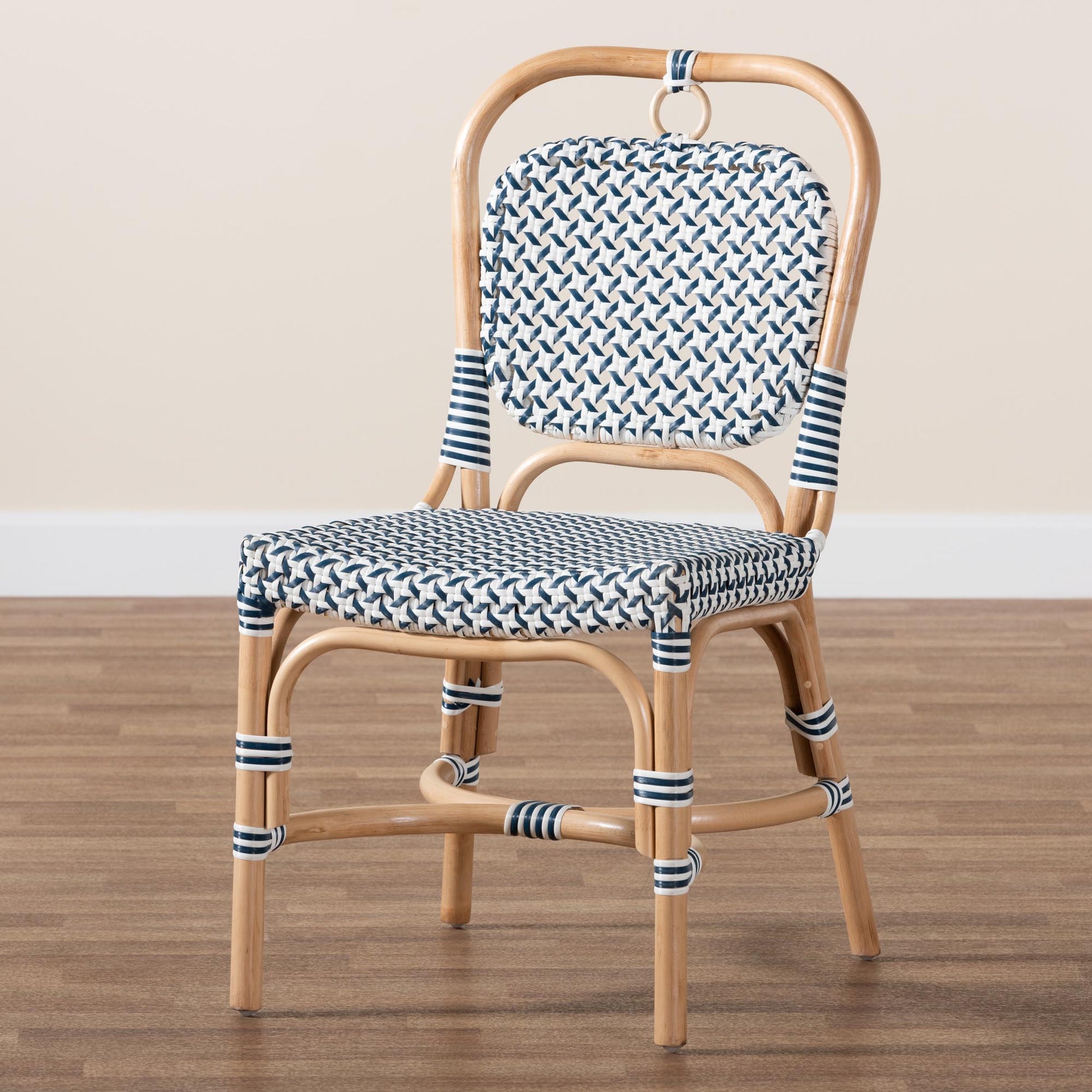 Baxton Studio bali & pari Luciana Modern French Blue and White Weaving Natural Rattan Bistro Chair | Dining Chairs | Modishstore - 9