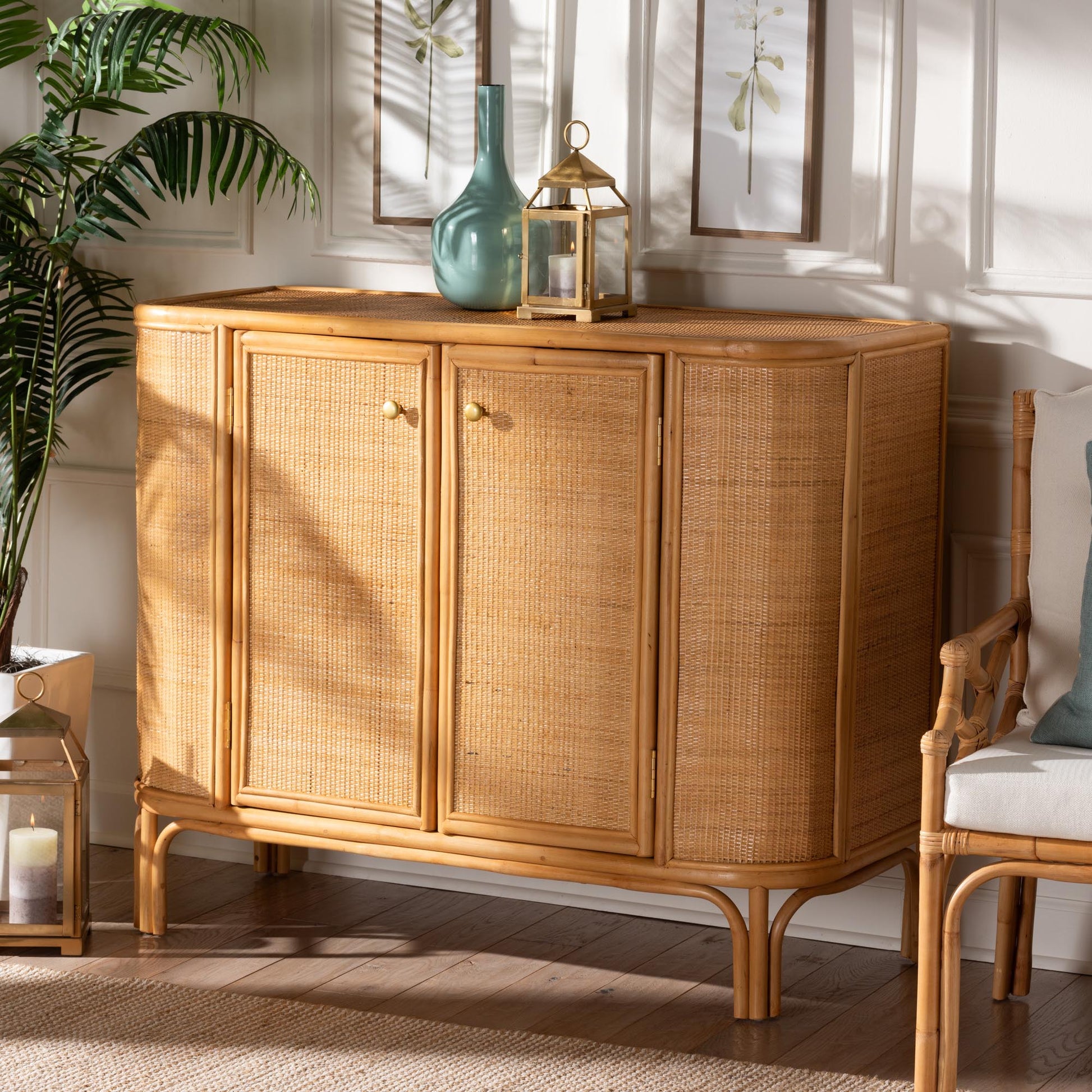 Baxton Studio bali & pari Serissa Modern Bohemian Natural Brown Rattan 2-Door Storage Cabinet | Cabinets | Modishstore