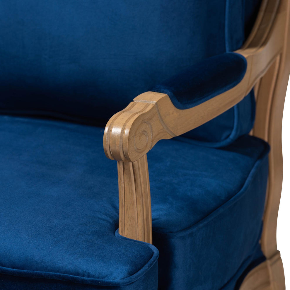 Baxton Studio Jules Traditional Navy Blue Fabric and French Oak Brown Finished Wood Accent Chair | Accent Chairs | Modishstore - 10
