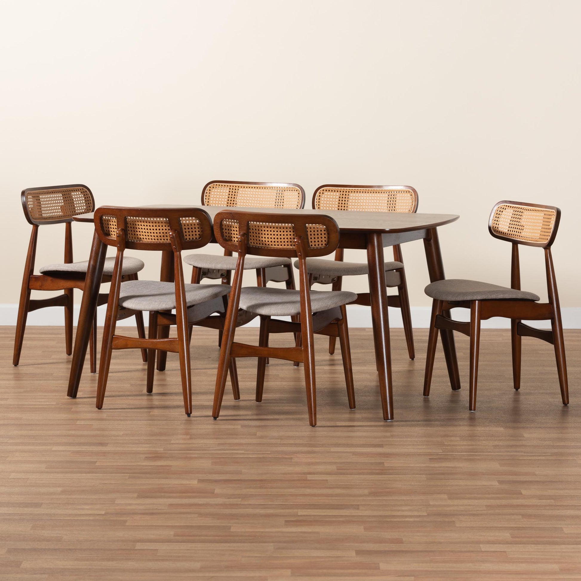 Baxton Studio Tarana Mid-Century Modern Grey Fabric and Walnut Brown Finished Wood 7-Piece Dining Set | Dining Sets | Modishstore - 2