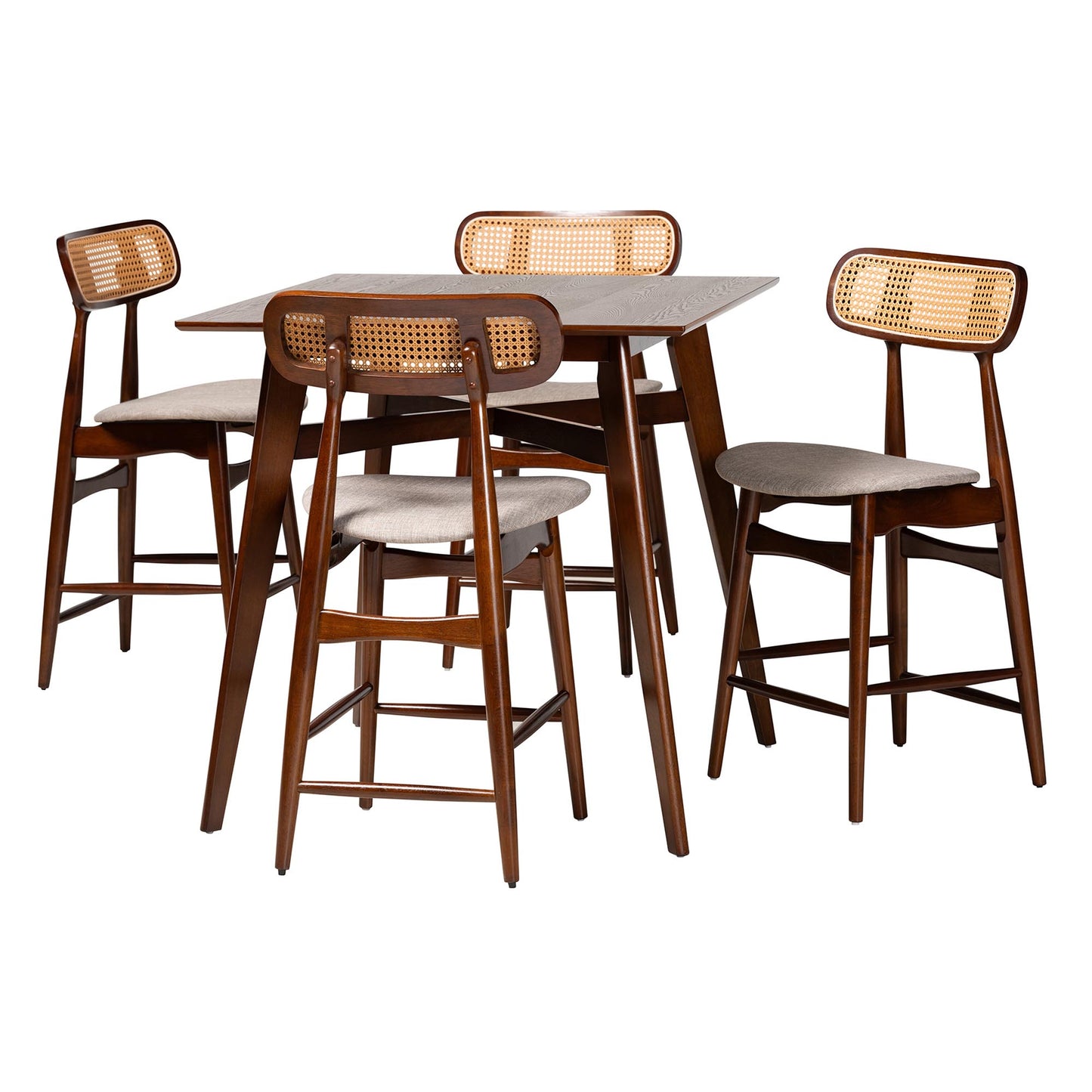 Baxton Studio Tarana Mid-Century Modern Grey Fabric and Walnut Brown Finished Wood 5-Piece Pub Set | Bar Stools & Table | Modishstore - 2