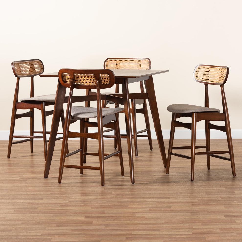 Baxton Studio Tarana Mid-Century Modern Grey Fabric and Walnut Brown Finished Wood 5-Piece Pub Set | Bar Stools & Table | Modishstore - 9