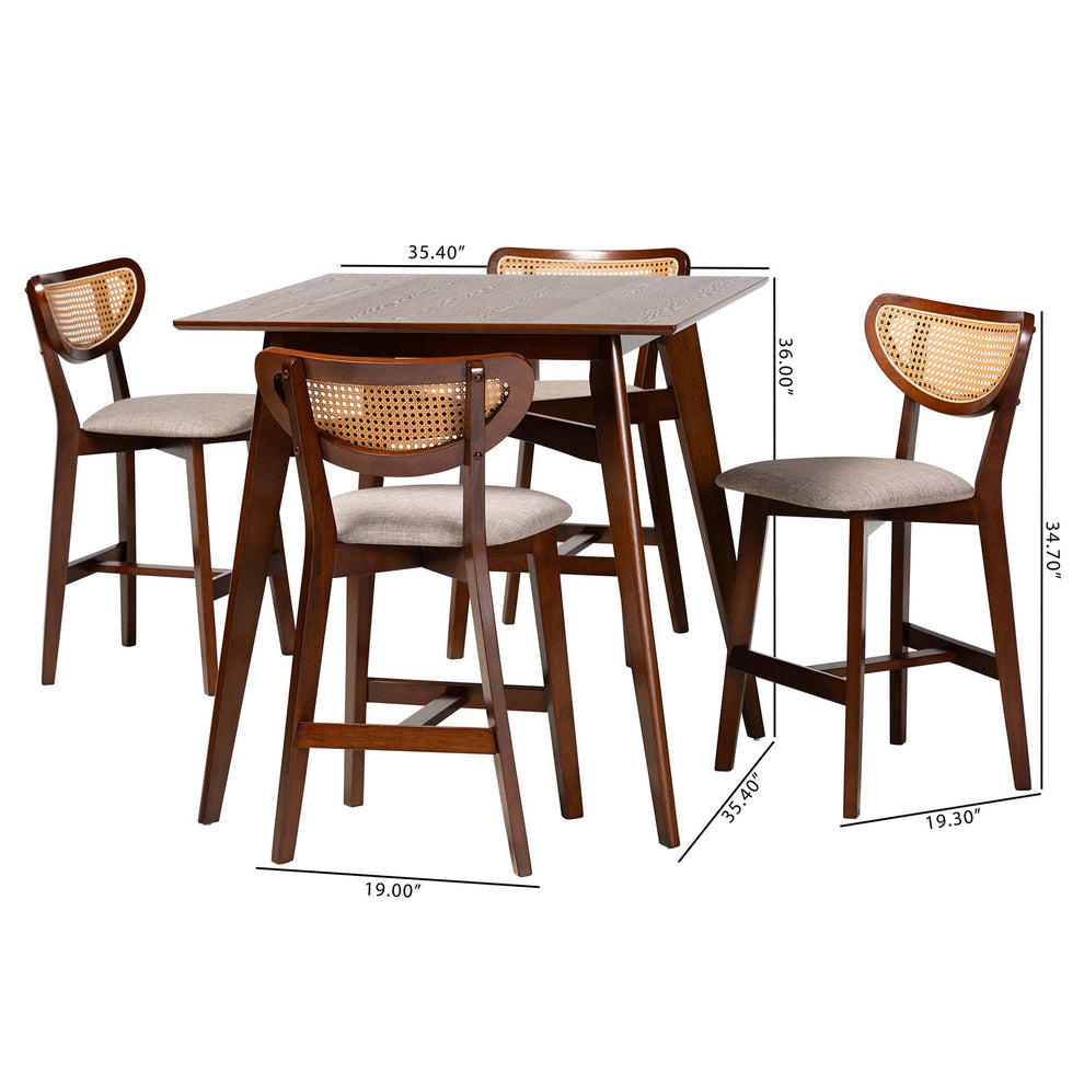 Baxton Studio Dannell Mid-Century Modern Grey Fabric and Walnut Brown Finished Wood 5-Piece Pub Set | Bar Stools & Table | Modishstore - 3