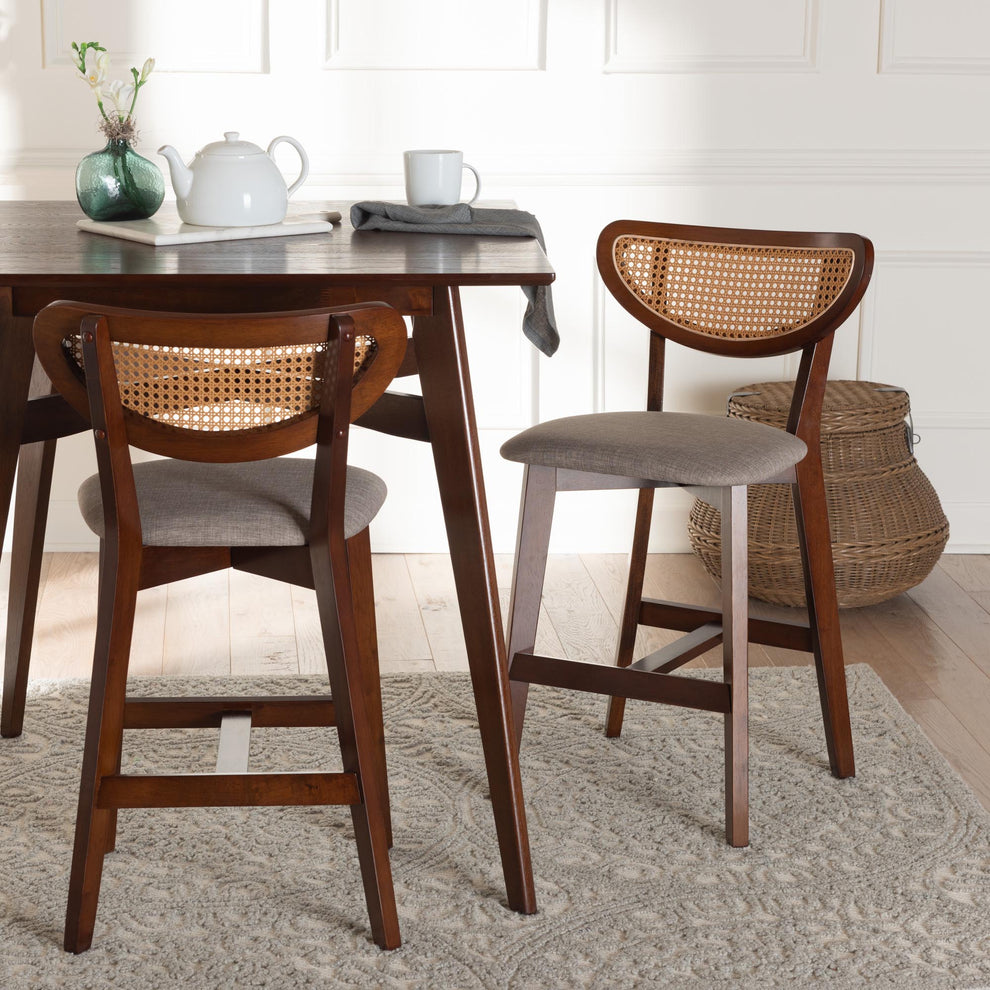 Baxton Studio Dannell Mid-Century Modern Grey Fabric and Walnut Brown Finished Wood 2-Piece Counter Stool Set | Counter Stools | Modishstore