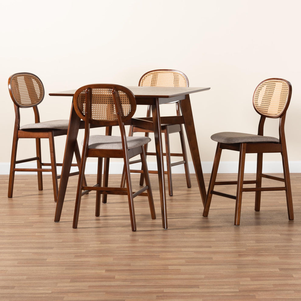 Baxton Studio Darrion Mid-Century Modern Grey Fabric and Walnut Brown Finished Wood 5-Piece Pub Set | Bar Stools & Table | Modishstore - 9
