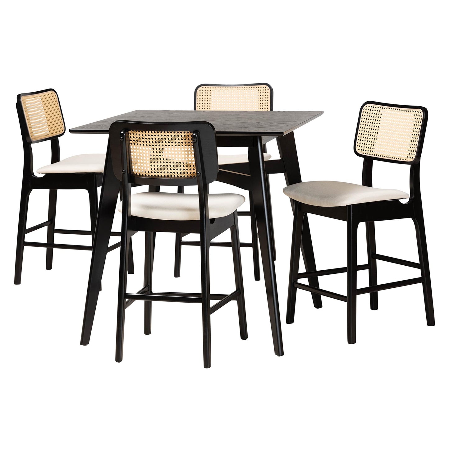 Baxton Studio Dannon Mid-Century Modern Cream Fabric and Black Finished Wood 5-Piece Pub Set | Bar Stools & Table | Modishstore - 4