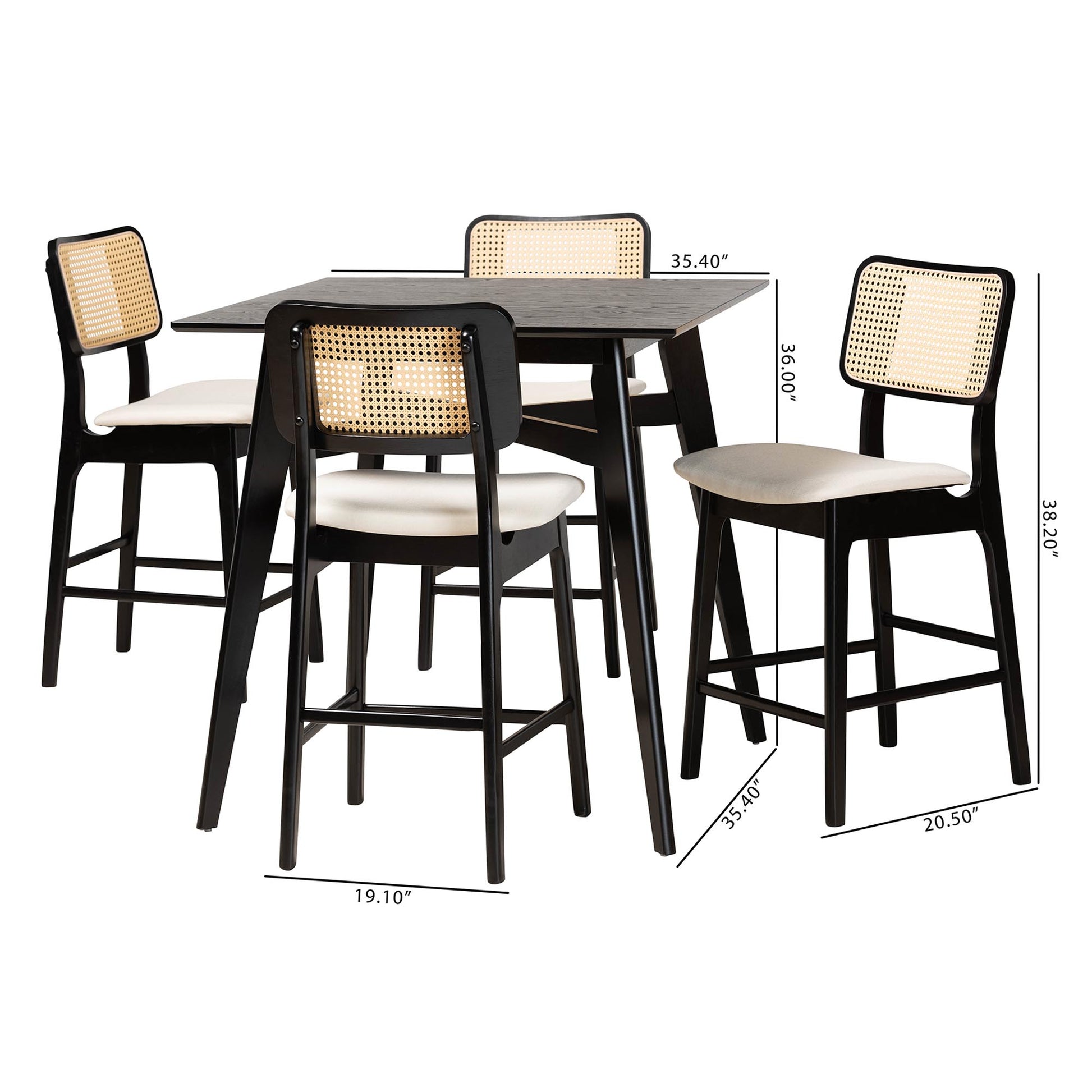 Baxton Studio Dannon Mid-Century Modern Cream Fabric and Black Finished Wood 5-Piece Pub Set | Bar Stools & Table | Modishstore - 3