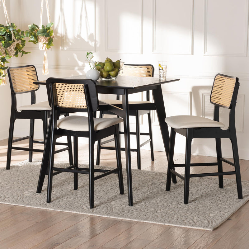 Baxton Studio Dannon Mid-Century Modern Cream Fabric and Black Finished Wood 5-Piece Pub Set | Bar Stools & Table | Modishstore