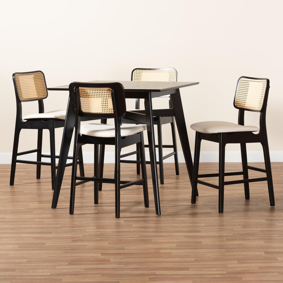 Baxton Studio Dannon Mid-Century Modern Cream Fabric and Black Finished Wood 5-Piece Pub Set | Bar Stools & Table | Modishstore - 2