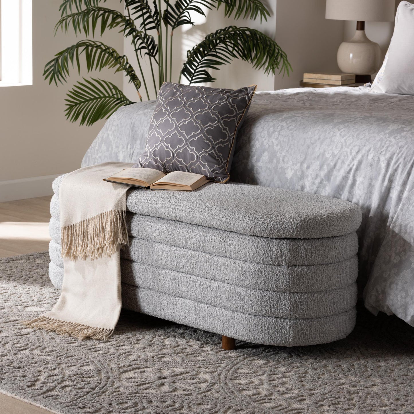 Baxton Studio Betiana Modern Japandi Light Grey Boucle Fabric and Walnut Brown Finished Wood Storage Bench | Benches | Modishstore