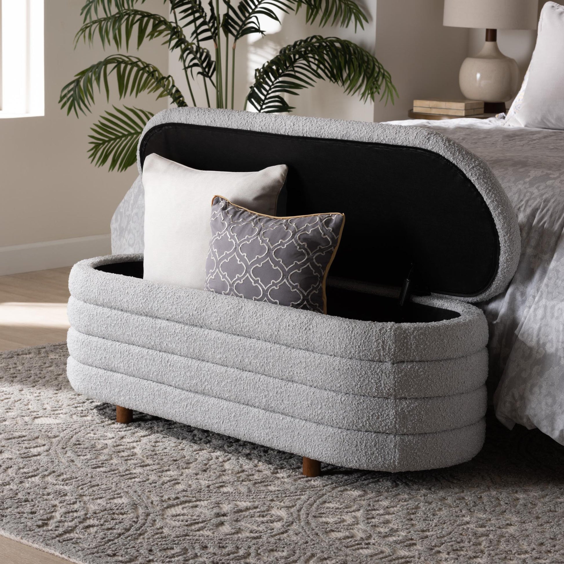 Baxton Studio Betiana Modern Japandi Light Grey Boucle Fabric and Walnut Brown Finished Wood Storage Bench | Benches | Modishstore - 10