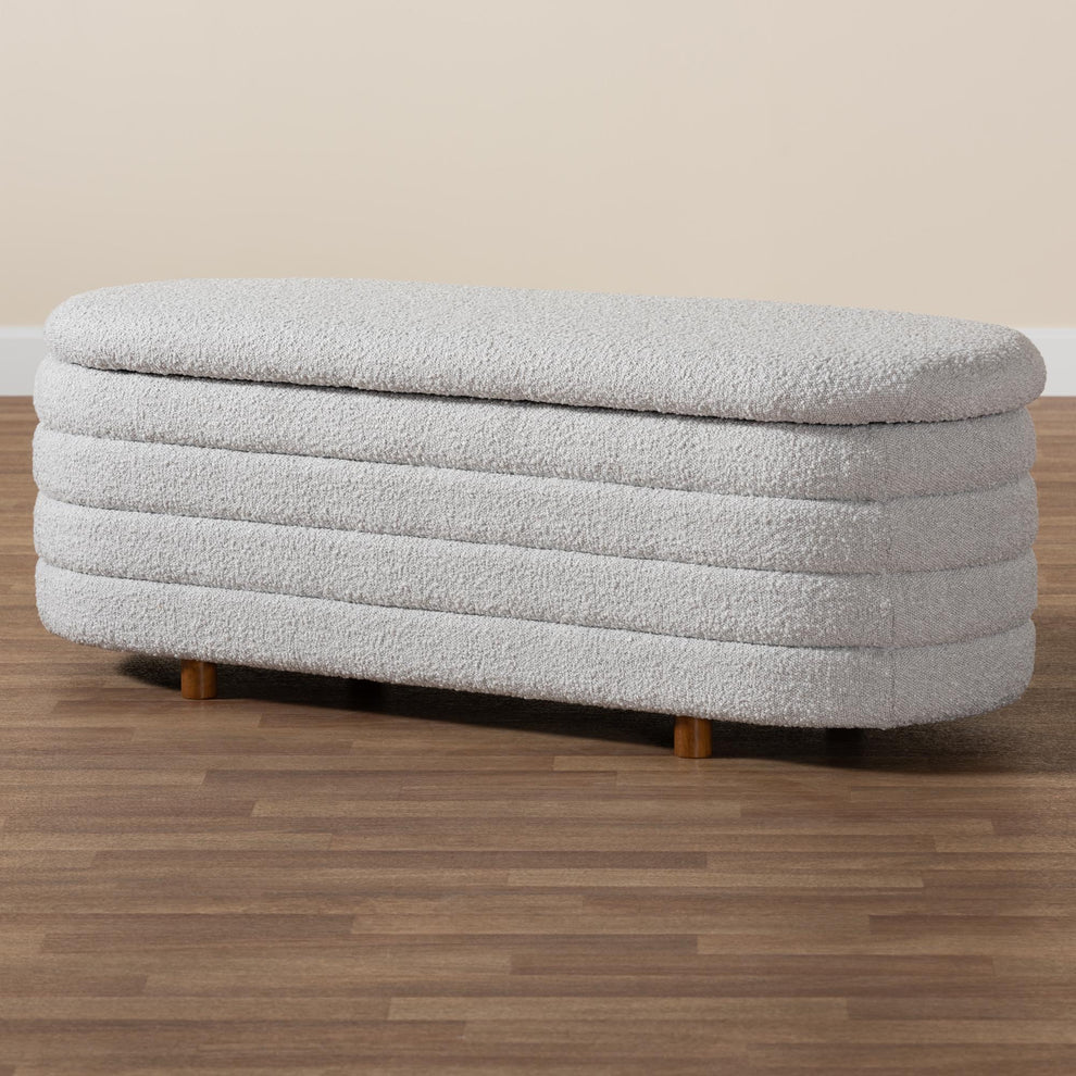 Baxton Studio Betiana Modern Japandi Light Grey Boucle Fabric and Walnut Brown Finished Wood Storage Bench | Benches | Modishstore - 8