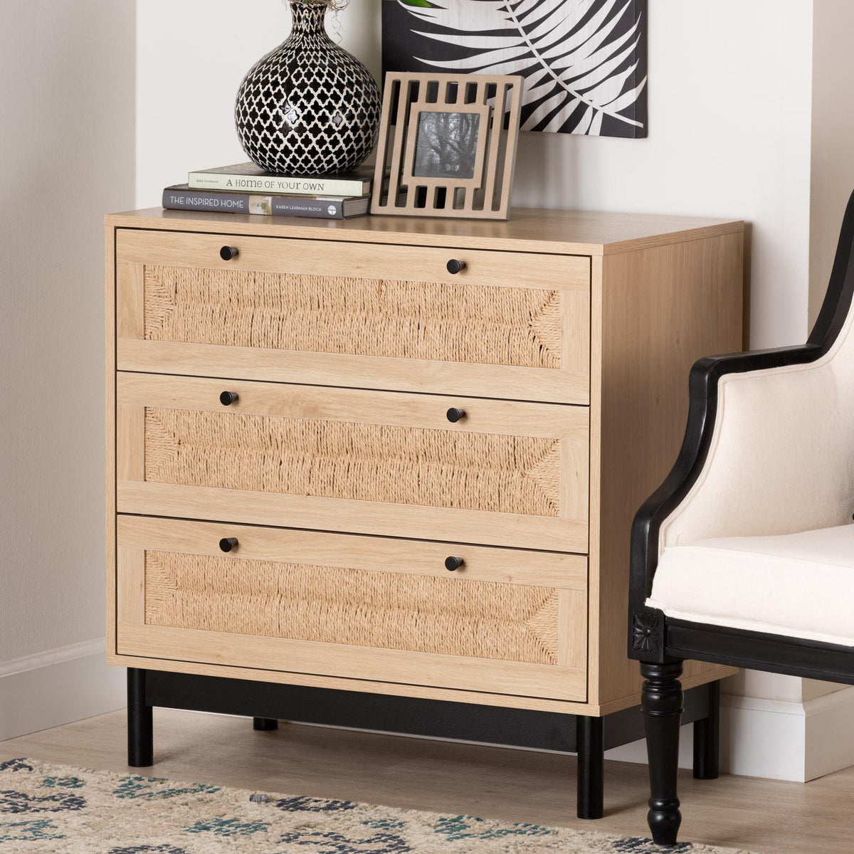 Baxton Studio Cherelle Mid-Century Modern Light Brown and Black 3-Drawer Storage Cabinet | Cabinets | Modishstore