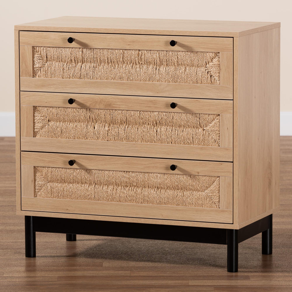Baxton Studio Cherelle Mid-Century Modern Light Brown and Black 3-Drawer Storage Cabinet | Cabinets | Modishstore - 9
