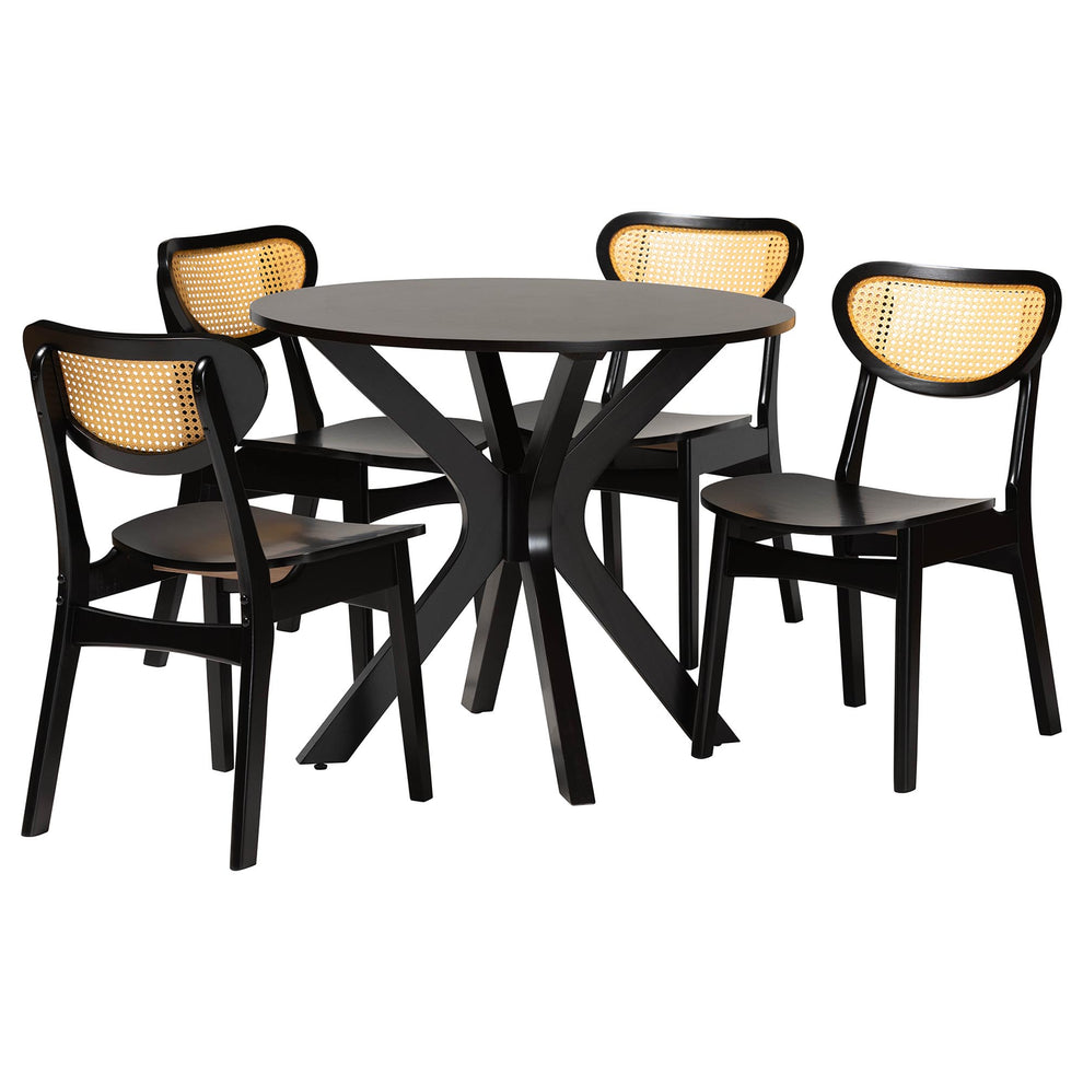 Baxton Studio Giuliana Mid-Century Modern Dark Brown Finished Wood and Woven Rattan 5-Piece Dining Set | Dining Sets | Modishstore - 4