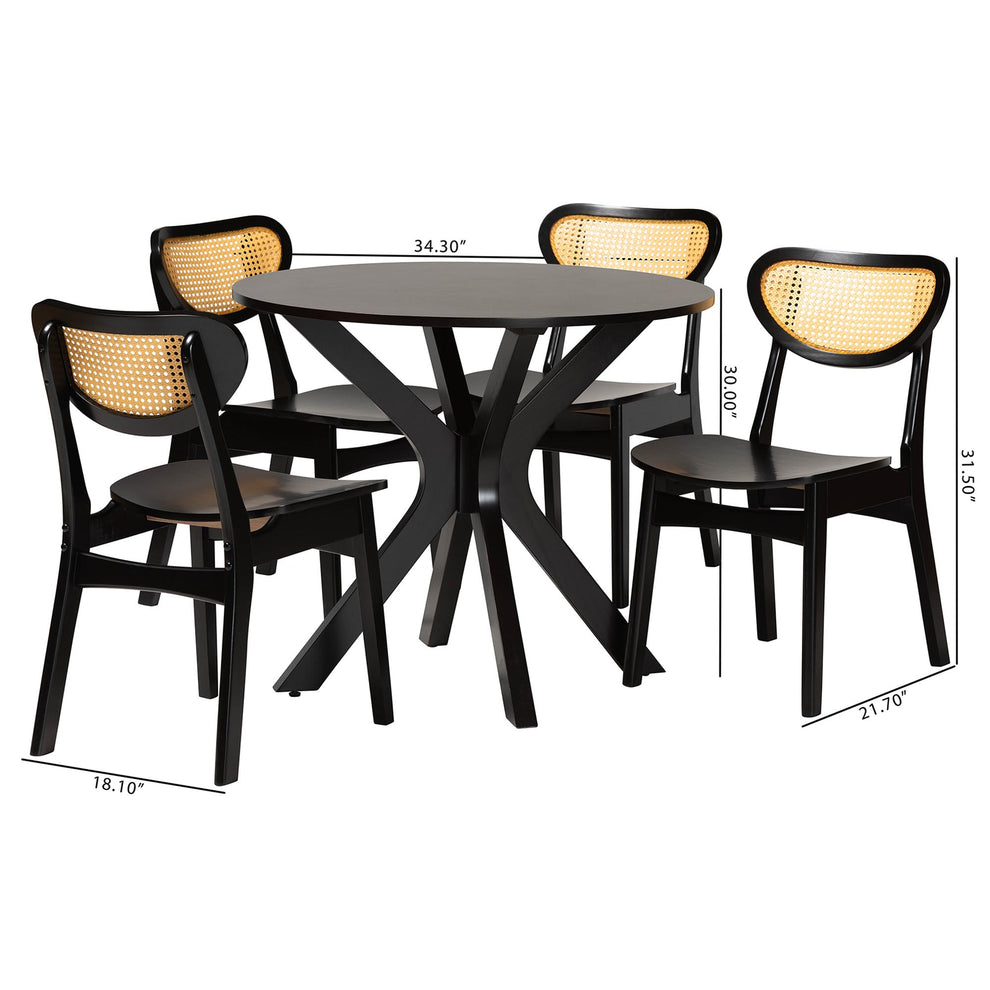 Baxton Studio Giuliana Mid-Century Modern Dark Brown Finished Wood and Woven Rattan 5-Piece Dining Set | Dining Sets | Modishstore - 3