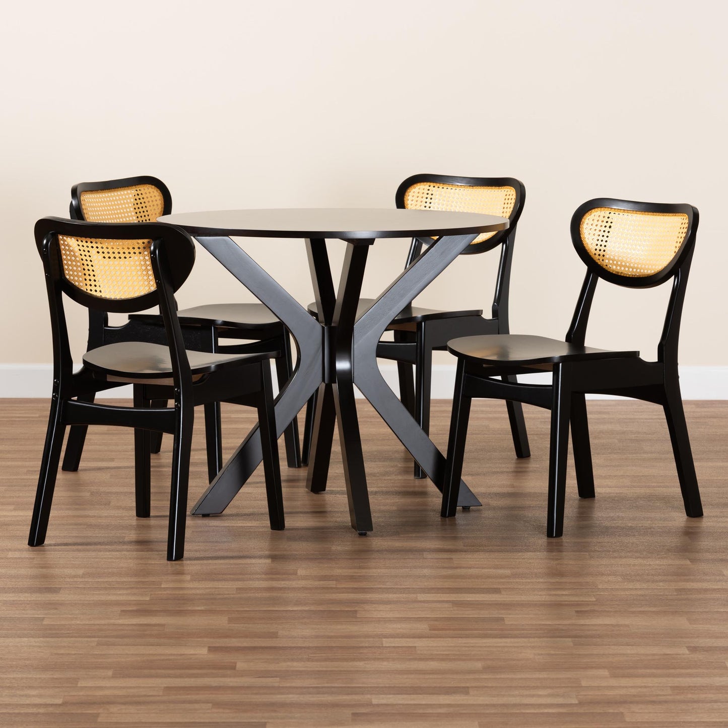 Baxton Studio Giuliana Mid-Century Modern Dark Brown Finished Wood and Woven Rattan 5-Piece Dining Set | Dining Sets | Modishstore - 2