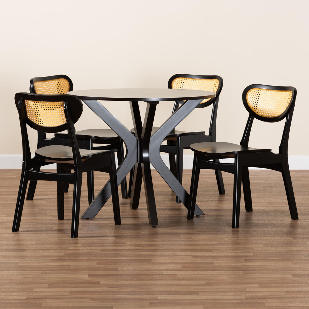Baxton Studio Giuliana Mid-Century Modern Dark Brown Finished Wood and Woven Rattan 5-Piece Dining Set | Dining Sets | Modishstore - 2