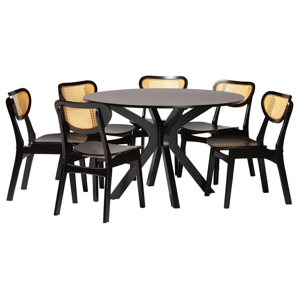 Baxton Studio Giuliana Mid-Century Modern Dark Brown Finished Wood and Woven Rattan 7-Piece Dining Set | Dining Sets | Modishstore - 4