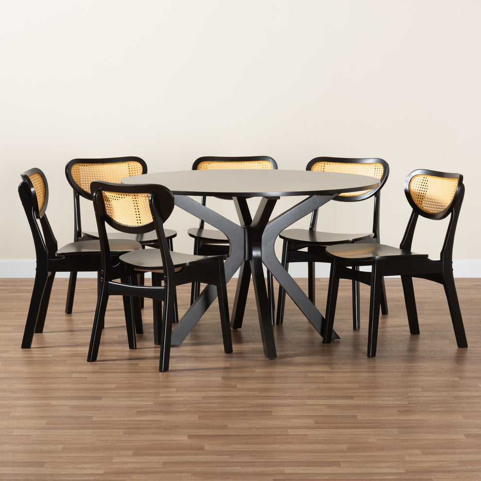 Baxton Studio Giuliana Mid-Century Modern Dark Brown Finished Wood and Woven Rattan 7-Piece Dining Set | Dining Sets | Modishstore - 2