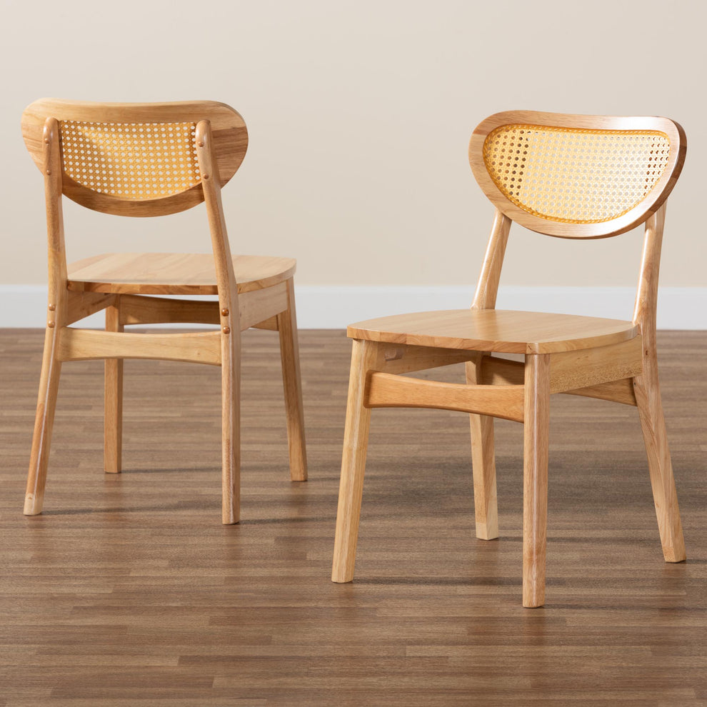Baxton Studio Nenet Mid-Century Modern Oak Brown Finished Wood and Rattan 2-Piece Dining Chair Set | Dining Chairs | Modishstore - 9