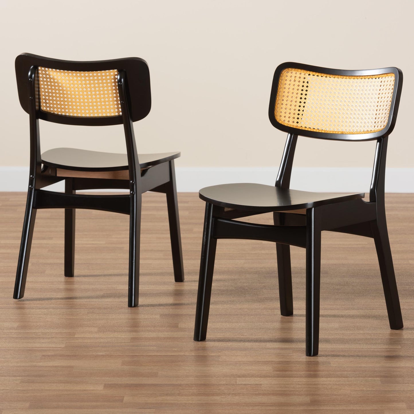 Baxton Studio Tafari Mid-Century Modern Dark Brown Finished Wood and Rattan 2-Piece Dining Chair Set | Dining Chairs | Modishstore - 9