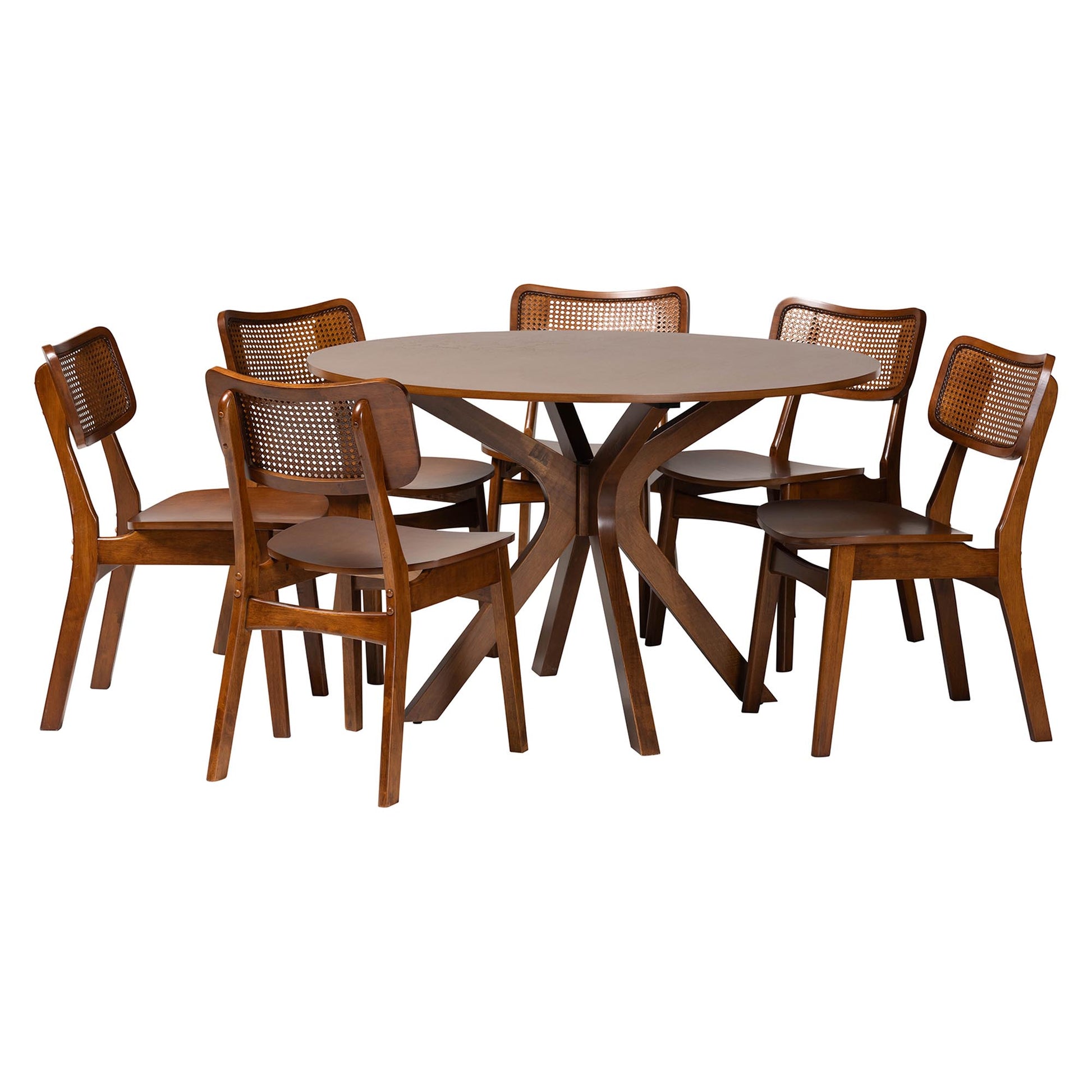 Baxton Studio Linnet Mid-Century Modern Walnut Brown Finished Wood and Rattan 7-Piece Dining Set | Dining Sets | Modishstore - 4