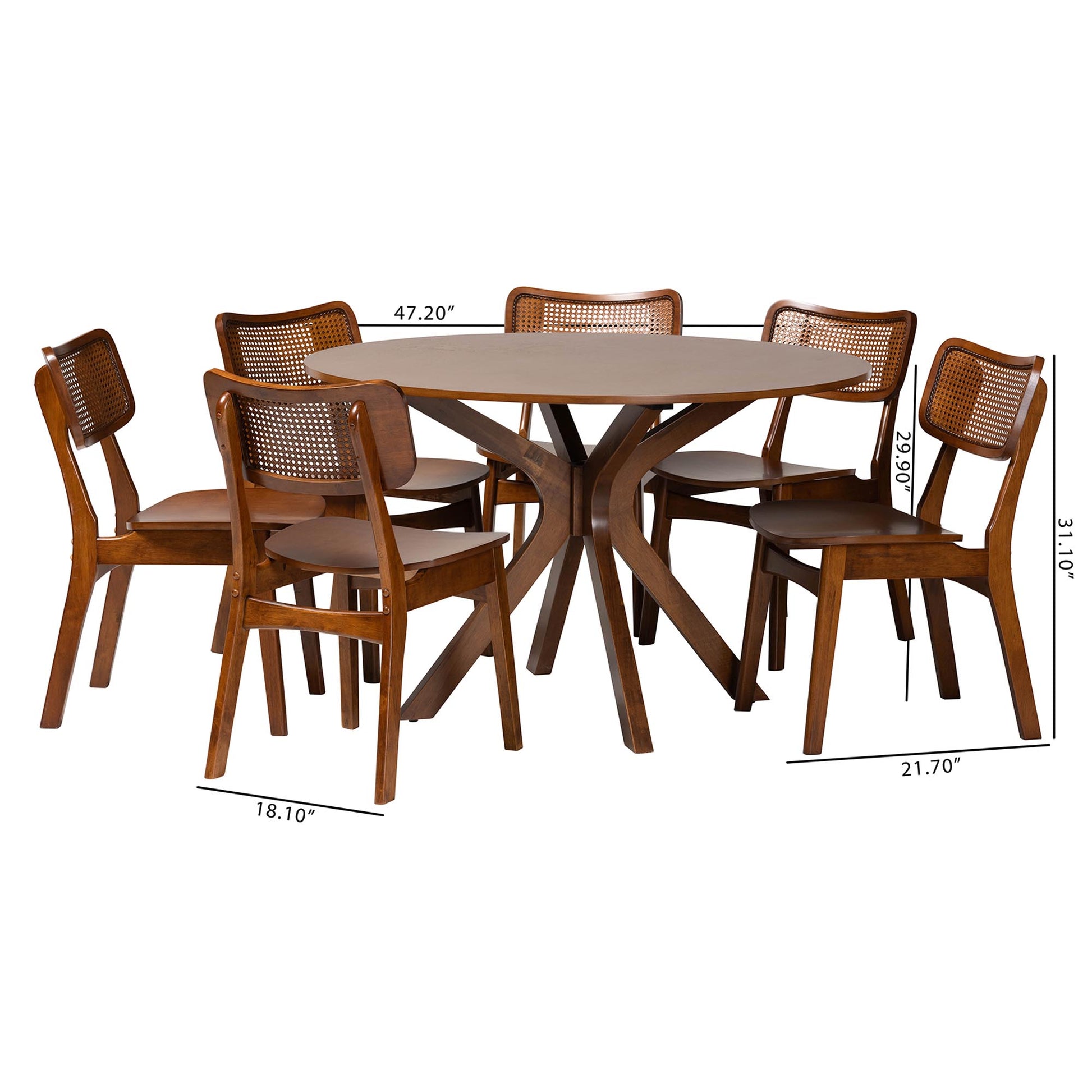 Baxton Studio Linnet Mid-Century Modern Walnut Brown Finished Wood and Rattan 7-Piece Dining Set | Dining Sets | Modishstore - 3