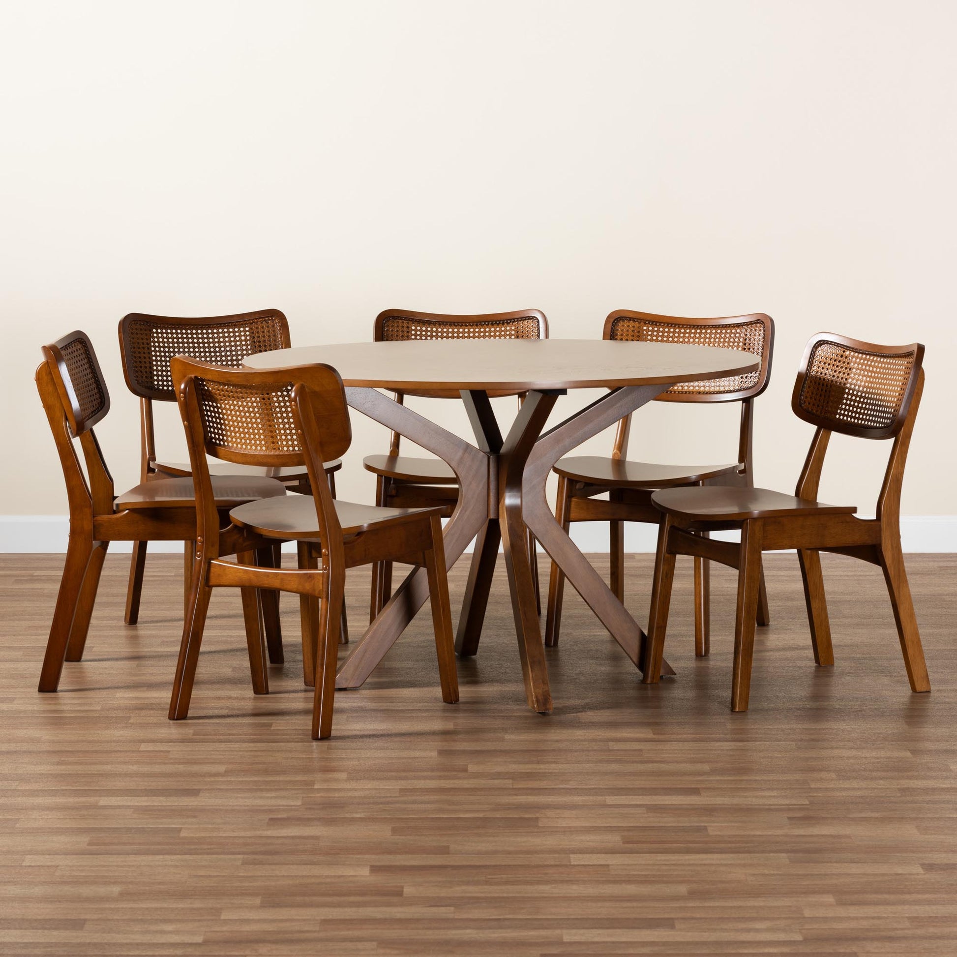 Baxton Studio Linnet Mid-Century Modern Walnut Brown Finished Wood and Rattan 7-Piece Dining Set | Dining Sets | Modishstore - 2
