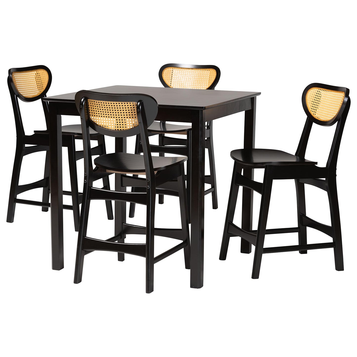 Baxton Studio Hesper Mid-Century Modern Dark Brown Finished Wood and Rattan 5-Piece Pub Set | Bar Stools & Table | Modishstore - 4