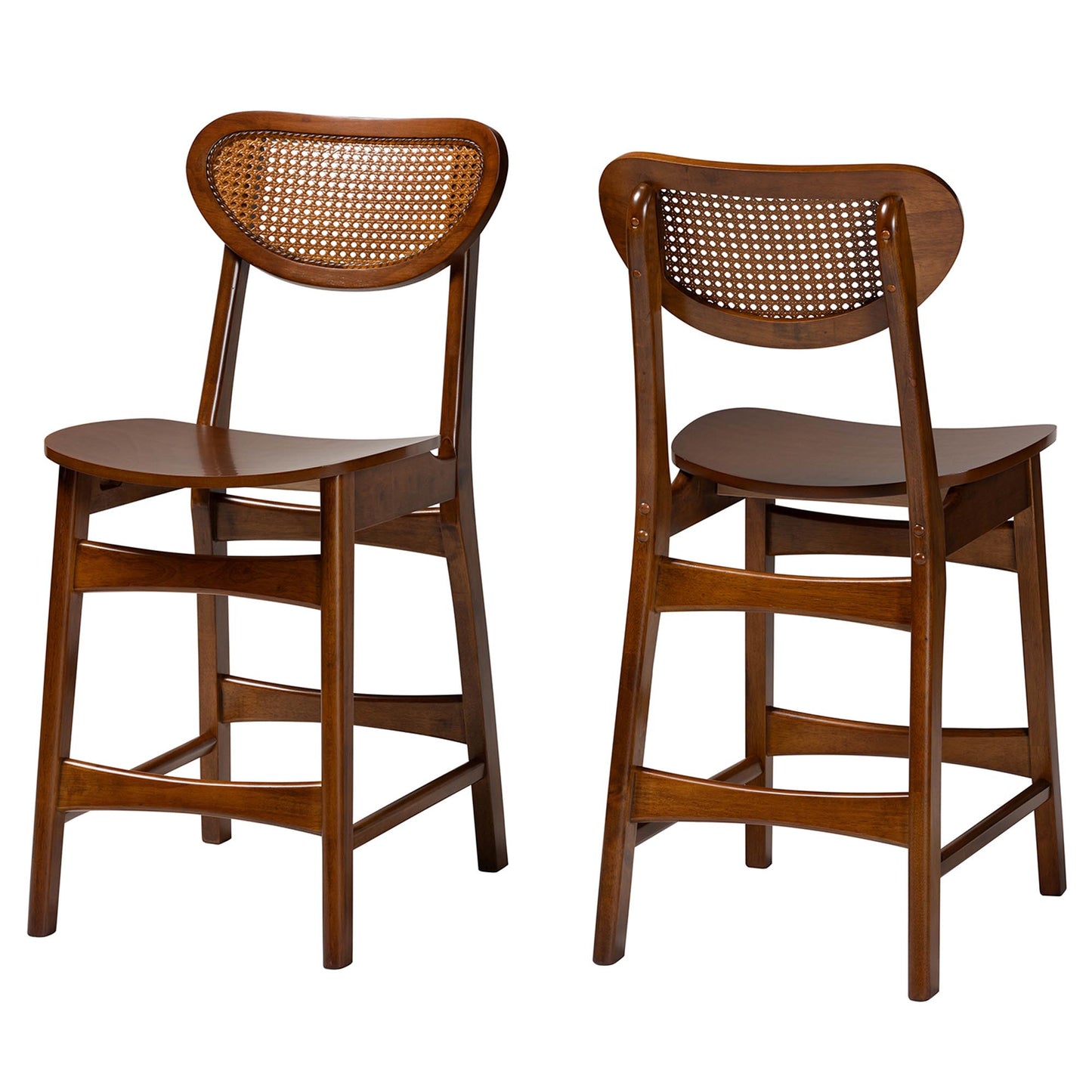Baxton Studio Hesper Mid-Century Modern Walnut Brown Finished Wood and Rattan 2-Piece Counter Stool Set | Counter Stools | Modishstore - 2