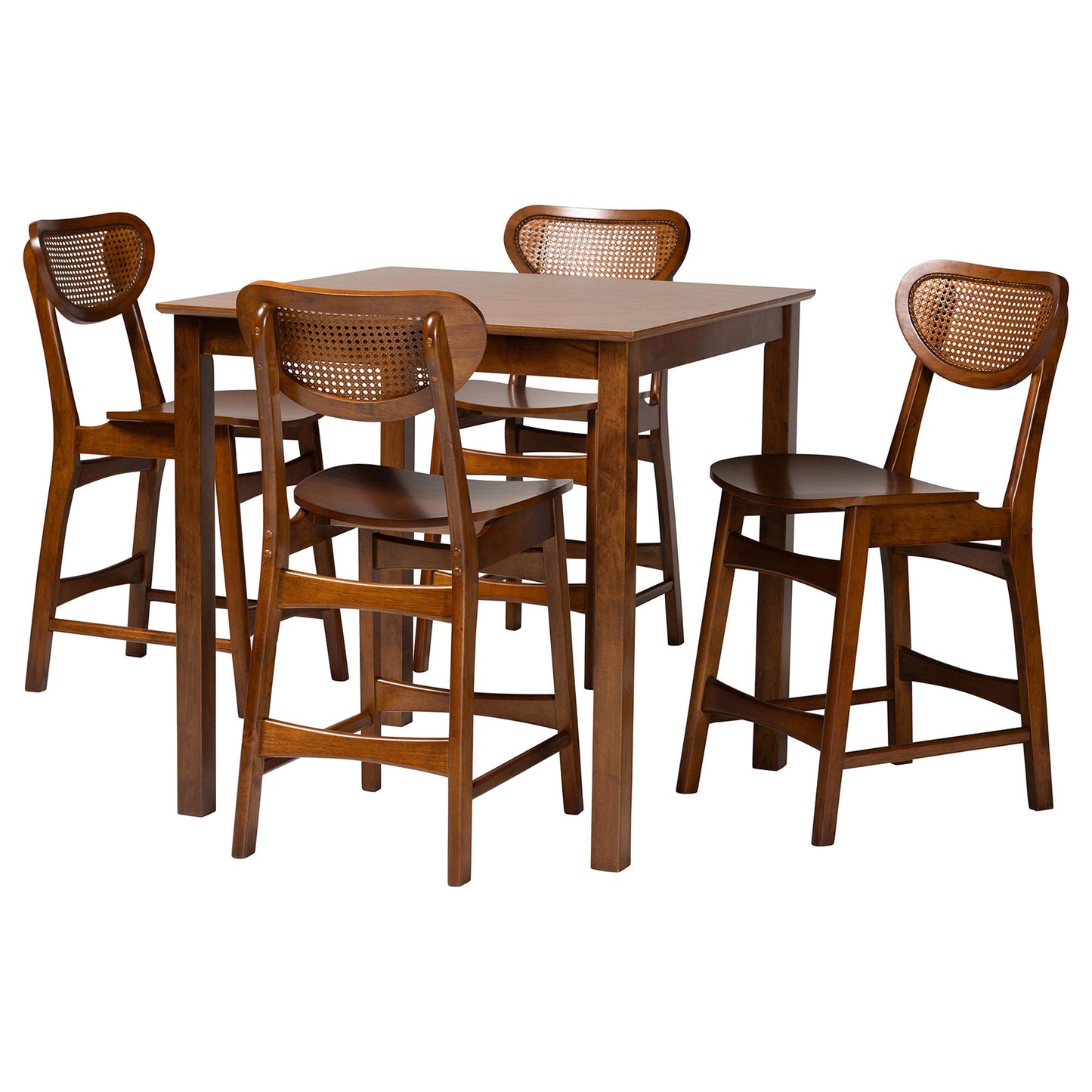 Baxton Studio Hesper Mid-Century Modern Walnut Brown Finished Wood and Rattan 5-Piece Pub Set | Bar Stools & Table | Modishstore - 4