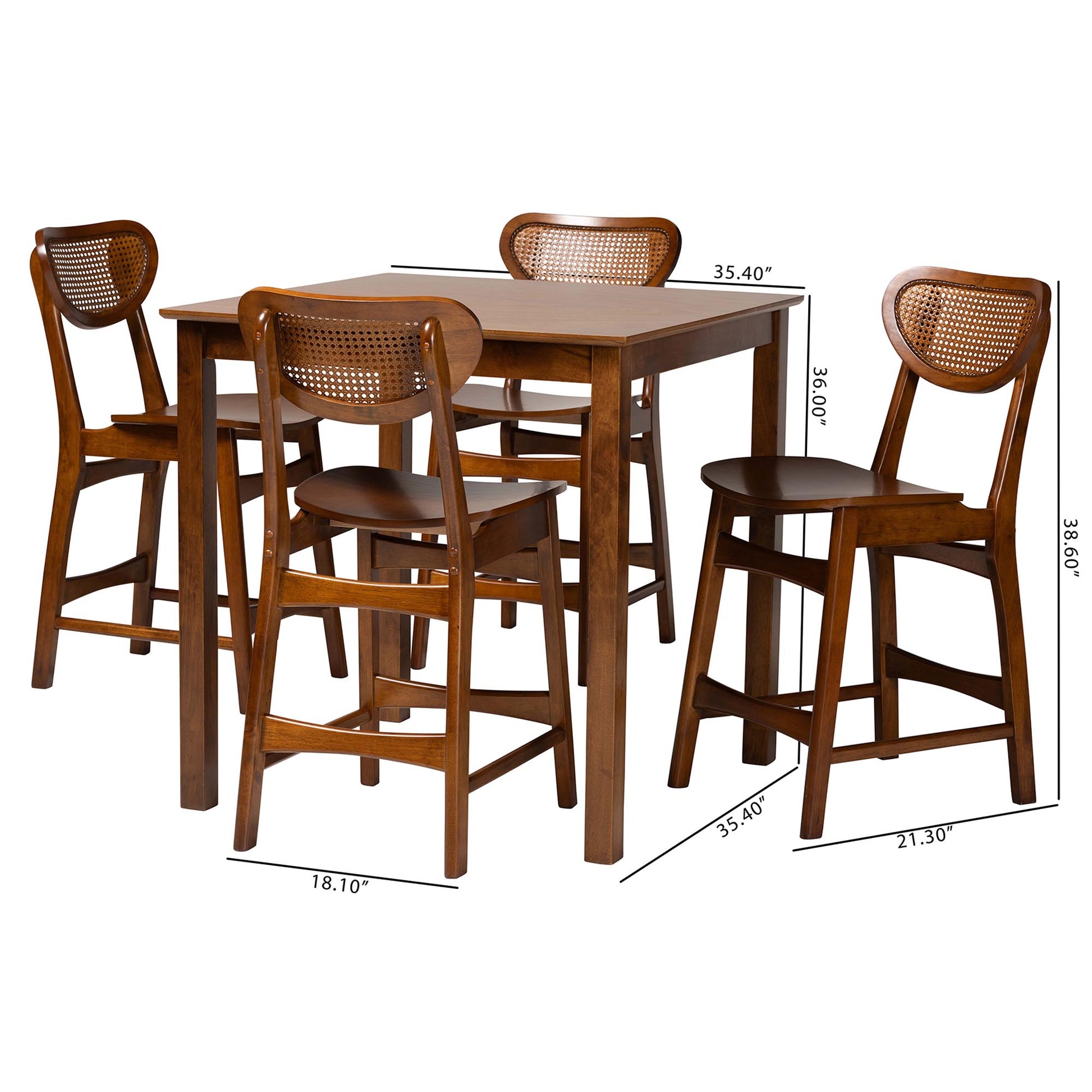 Baxton Studio Hesper Mid-Century Modern Walnut Brown Finished Wood and Rattan 5-Piece Pub Set | Bar Stools & Table | Modishstore - 3