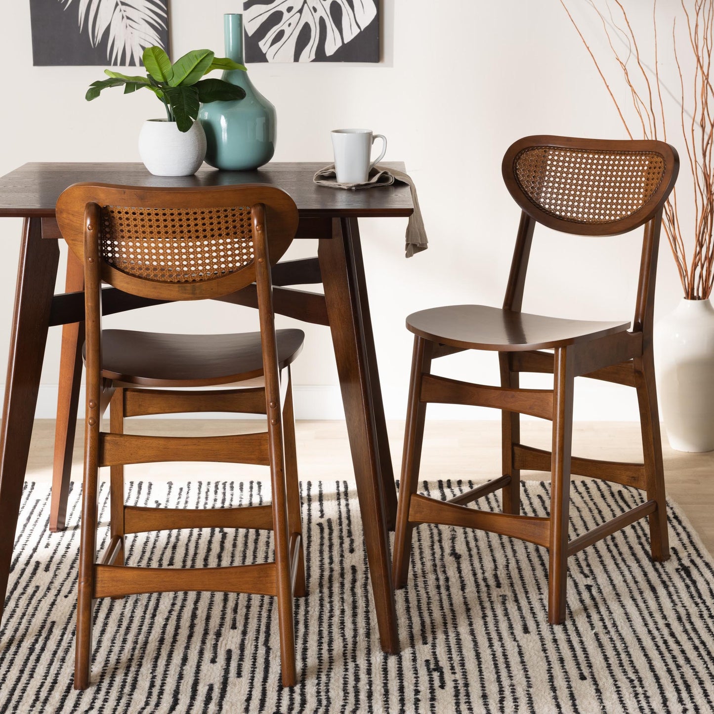 Baxton Studio Hesper Mid-Century Modern Walnut Brown Finished Wood and Rattan 2-Piece Counter Stool Set | Counter Stools | Modishstore