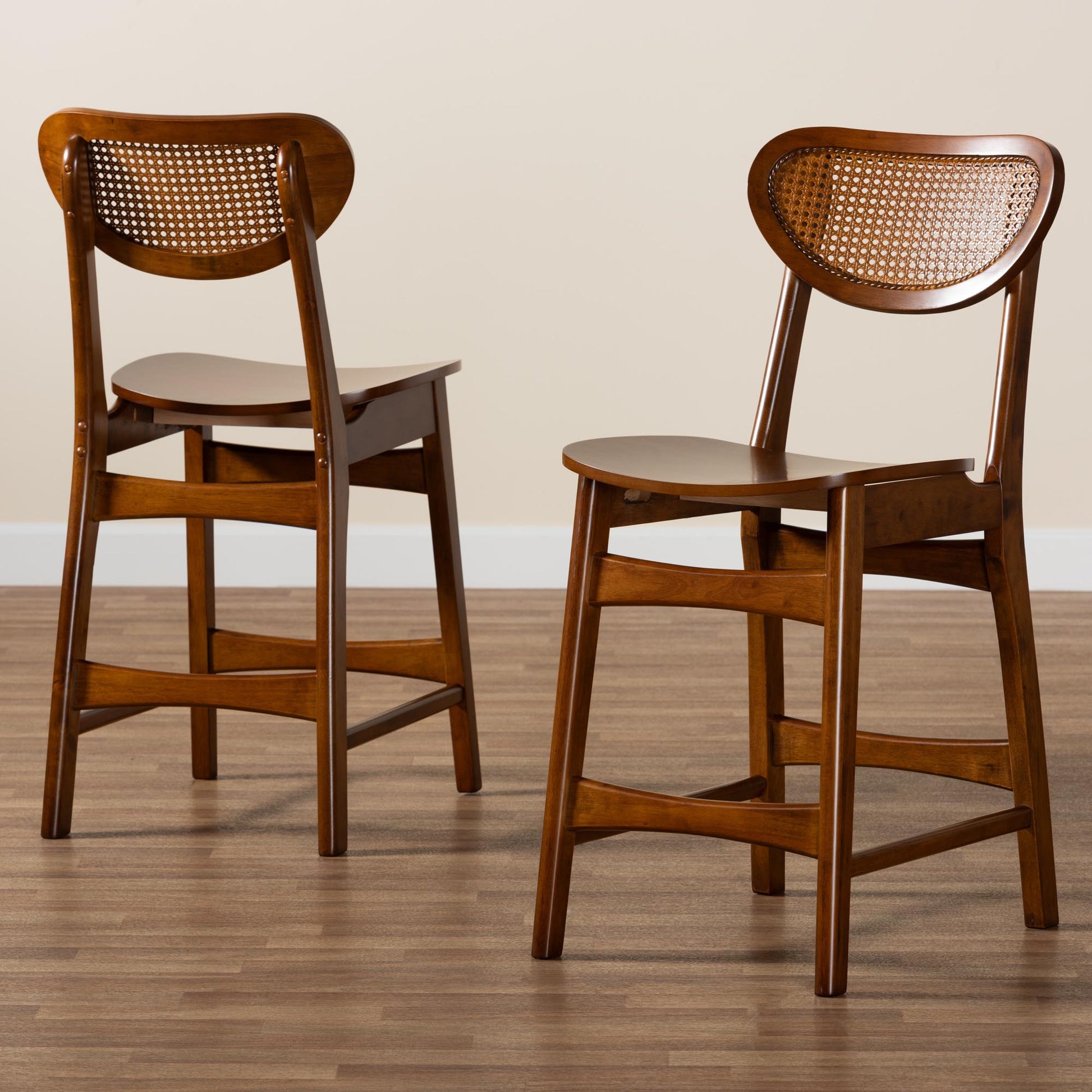 Baxton Studio Hesper Mid-Century Modern Walnut Brown Finished Wood and Rattan 2-Piece Counter Stool Set | Counter Stools | Modishstore - 9