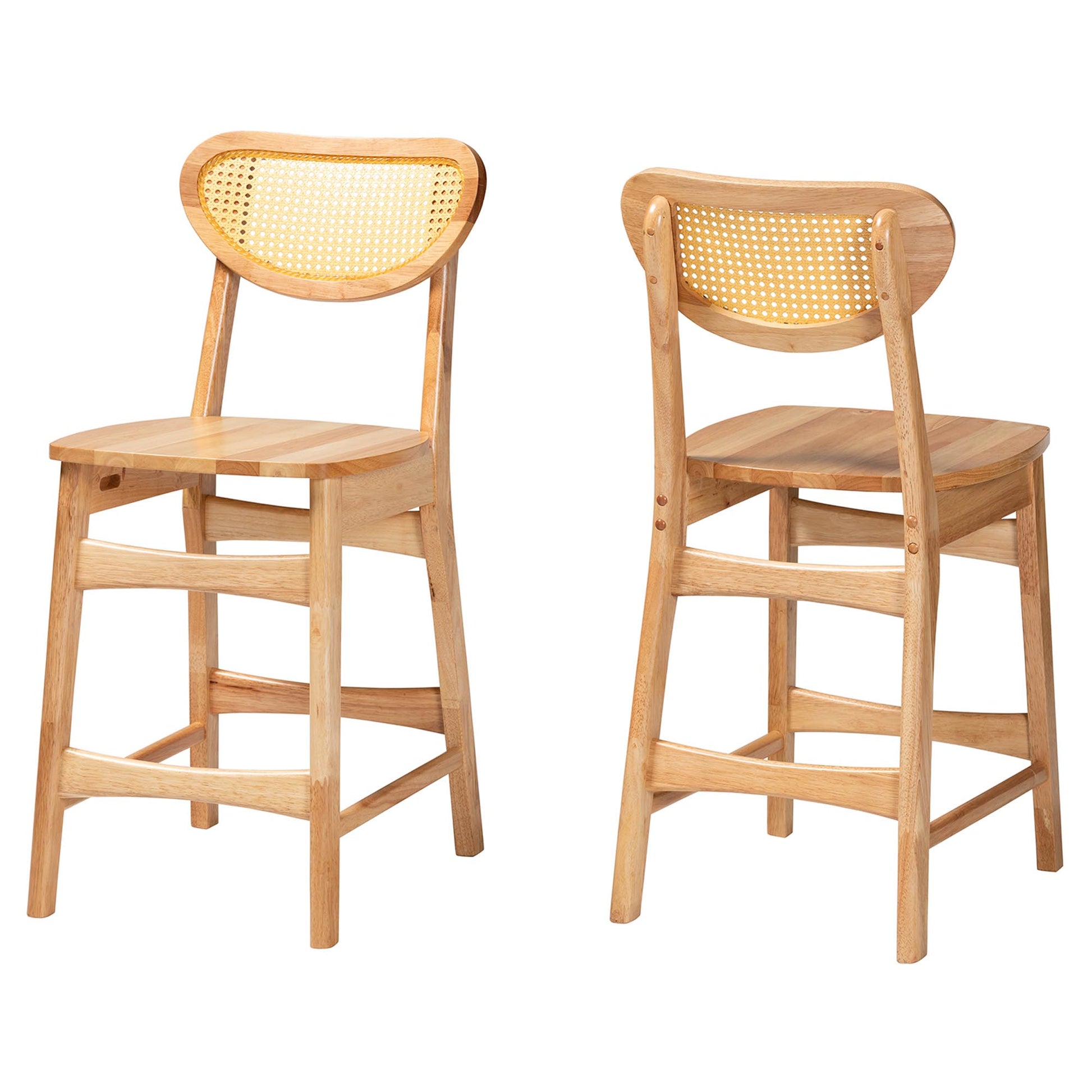 Baxton Studio Nenet Mid-Century Modern Oak Brown Finished Wood and Rattan 2-Piece Counter Stool Set | Counter Stools | Modishstore - 2