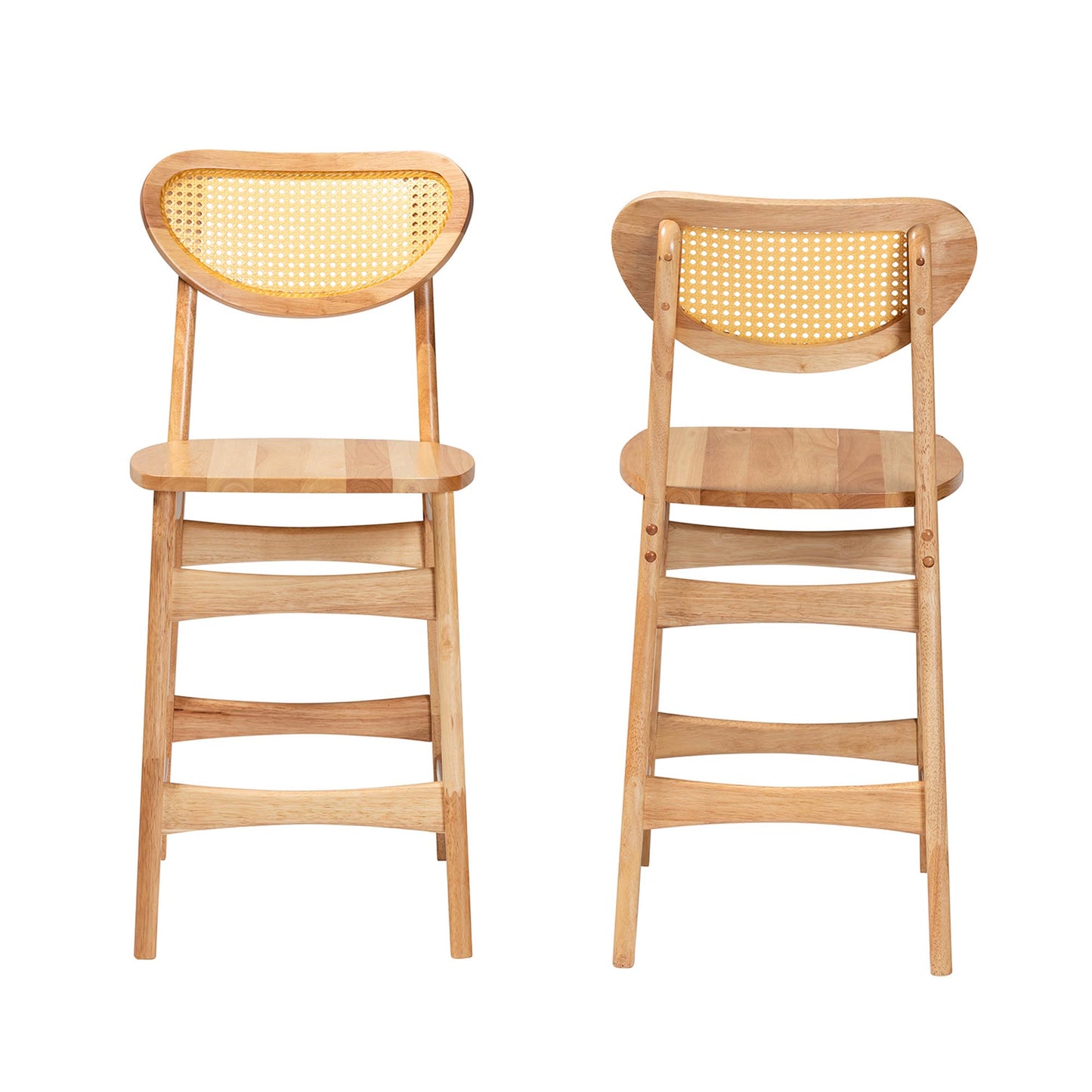 Baxton Studio Nenet Mid-Century Modern Oak Brown Finished Wood and Rattan 2-Piece Counter Stool Set | Counter Stools | Modishstore - 3