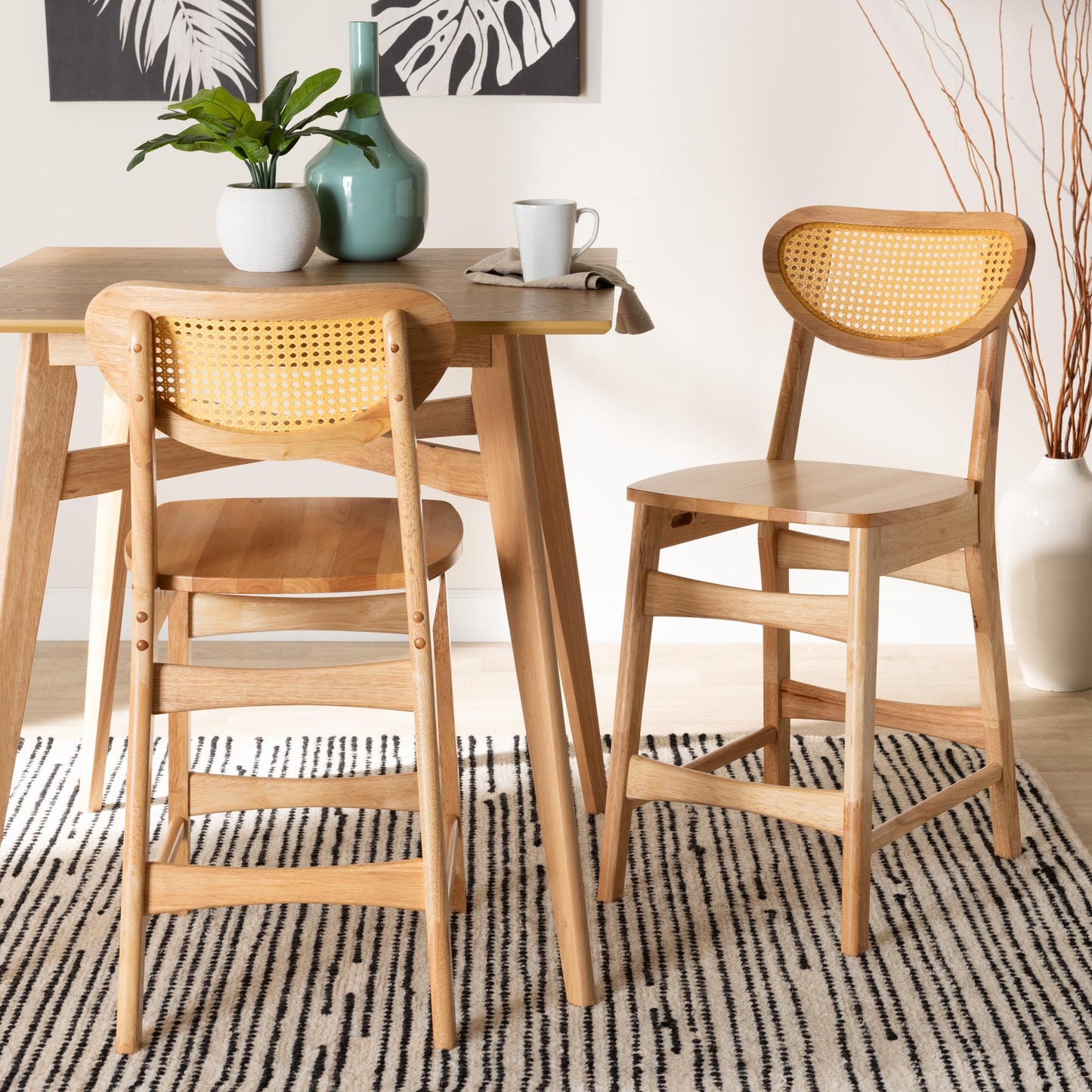 Baxton Studio Nenet Mid-Century Modern Oak Brown Finished Wood and Rattan 2-Piece Counter Stool Set | Counter Stools | Modishstore