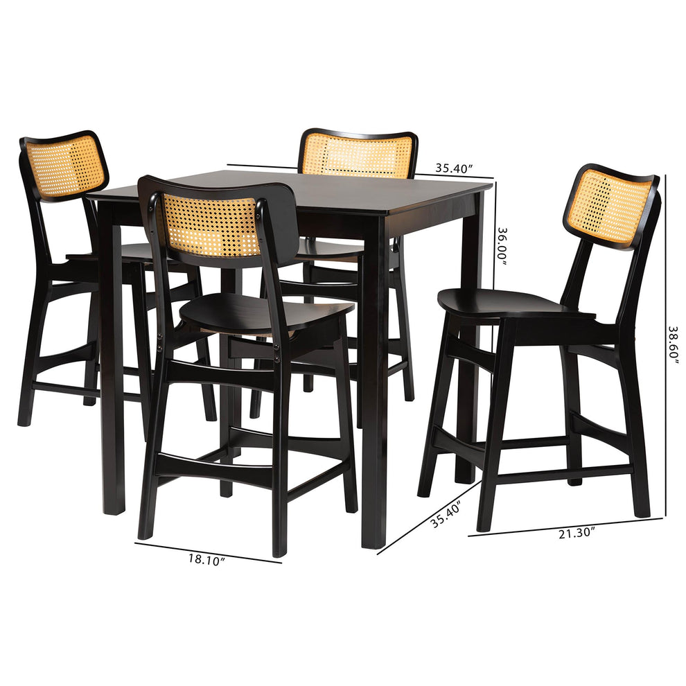 Baxton Studio Tafari Mid-Century Modern Dark Brown Finished Wood and Rattan Pub Set | Bar Stools & Table | Modishstore - 3